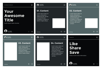 Microblog carousel slides template for instagram. Six page with simple black theme. - obrazy, fototapety, plakaty