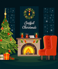 Beautiful Christmas room interior with sofa. Christmas tree and decoration. Gifts and fireplace. Flat style vector illustration.