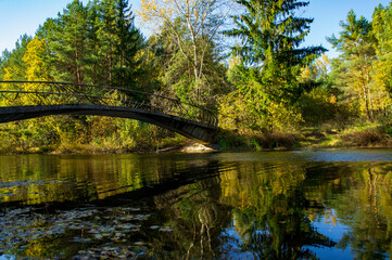 Old vintage bridge over the river. Autumn forest architectural landscape