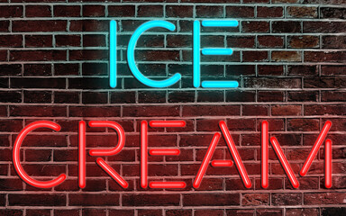 ICE CREAM - Neon Letters sign lighting on the brick wall background