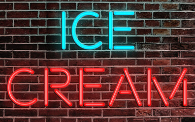 Obraz premium ICE CREAM - Neon Letters sign lighting on the brick wall background