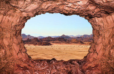 Stony desert view through a rocky window. Unique relief geological erosion land form