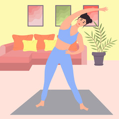 Young woman is doing exercise in the living room. Fitness exercising at home. Daily morning routine. There are sofa with pillows, potted plant and set of pictures in the living room.