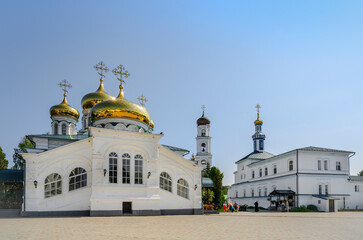 Raif Monastery Square with a view of the Trinity Cathedral and the bell tower near the city of Kazan, Russia