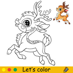 Cartoon cute and happy jumping deer coloring