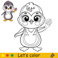 Cartoon cute penguin with an ice cream coloring