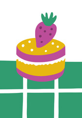 Cute cake with strawberry on checkered background. Bright dessert poster in cartoon style. Vector flat hand drawn illustration for wall decor, postcards or other