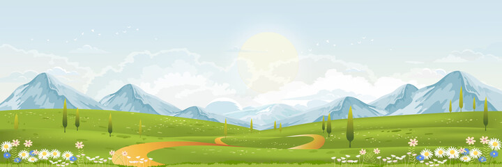 Fototapeta premium Spring green fields landscape with mountain, blue sky and clouds background,Panorama peaceful rural nature in springtime with green grass land. Cartoon vector illustration for spring and summer banner