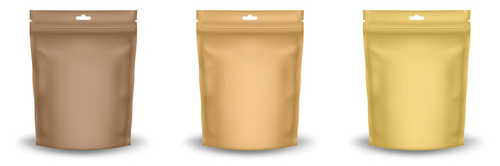 Set of 3 realistic Zip Package - blank mockup template. Flexible doy pack. Gold, brown and yellow foil bags. Plastic sachet pouch for coffee, candy, shack or nuts. Zipper food bag. Doypack