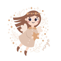 Fototapeta premium Baby Zodiac Sign Virgo with leaves, branches, moon, rain, stars. Cute vector astrology character