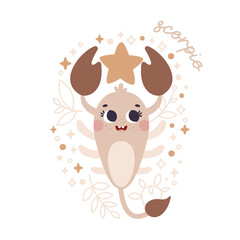 Baby Zodiac Sign Scorpio with leaves, branches, moon, rain, stars. Cute vector astrology character
