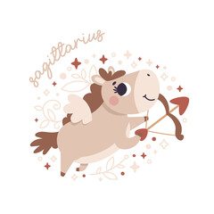 Baby Zodiac Sign Sagittarius with leaves, branches, moon, rain, stars. Cute vector astrology character
