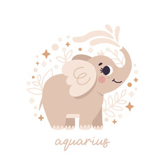 Baby Zodiac Sign Aquarius with leaves, branches, moon, rain, stars. Cute vector astrology character