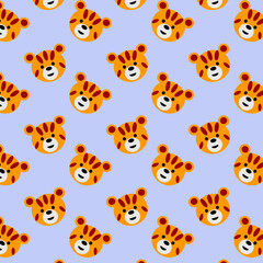 Pattern with a brightly colored tiger with a cute smile.