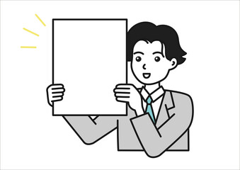 ボードを持って発表するスーツを着た男性のイメージイラスト素材