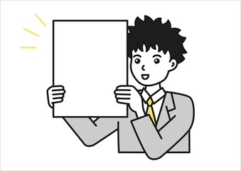 ボードを持って発表するスーツを着た男性のイメージイラスト素材