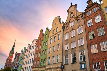 Fototapeta na wymiar View of Dlugi Targ or the Long Market, the main tourist attraction of Gdansk, Poland. Many beautiful old houses including the Town Hall and Artus Court.