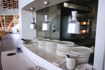 Kitchen serving hatch in a modern design restaurant