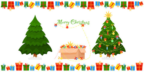 Fototapeta premium Christmas set. Christmas trees, a box with Christmas decorations, garlands, gift boxes along the contour. Isolated image on a white background. Vector illustration in cartoon style.