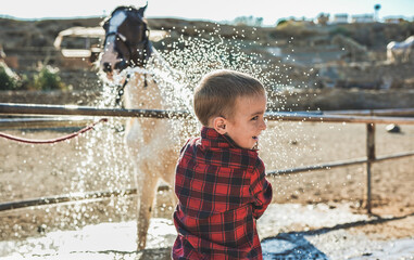 Cute child washing horse outdoor at ranch - Animal love and care