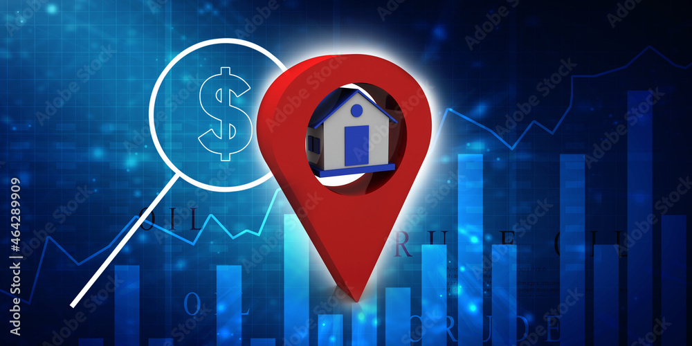 Poster 3d illustration search for property .a map with large red gps pointer containing
