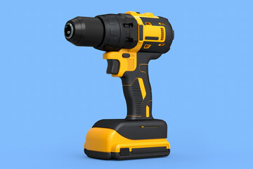 Cordless drill or yellow screwdriver isolated on blue background