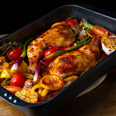 fried chicken legs with various vegetables