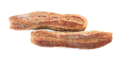 Tasty buckwheat baguettes on white background, top view. Fresh bread