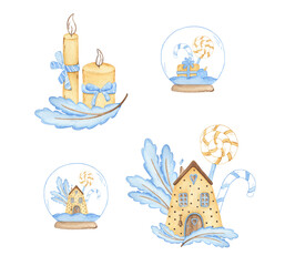 Watercolor illustration of winter details. Hand draw winter scenes with cute house, candle, candy, branch. Illustration for postcard, souvenirs, stickers