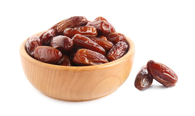 Tasty sweet dried dates on white background