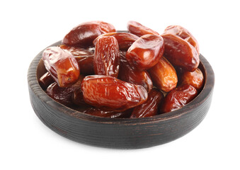 Tasty sweet dried dates in wooden bowl on white background