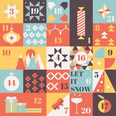 Christmas advent calendar with christmas gifts, geometric ornaments