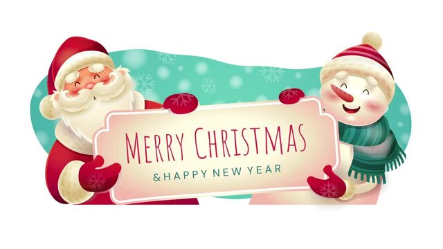 Merry Christmas and Happy New Year concept. Realistic Santa Claus and snowman moving and holding greeting card. Clip for winter holiday. Animated cartoon