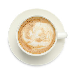 Cup of hot coffee isolated on white, top view