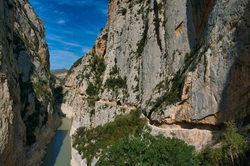 Walking path in Mont Rebei  gorges following Noguera Ribagorçana river