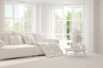 White living room with sofa and summer landscape in window. Scandinavian interior design. 3D illustration