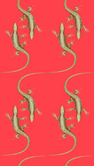 Fototapeta premium Seamless pattern with lizards. Forest background. Hand-drawn illustration, colored