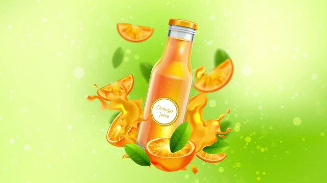 Orange juice concept. Popup bottle with fruit drink, orange slices and splash of liquid. Moving promotional video of product. Animated cartoon in high resolution with green background