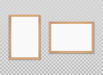 Vector realistic wooden Photo frames isolated on a transparent background. Horizontal and vertical Mockup for photos or pictures. Blank templates for design. Front view. EPS10.