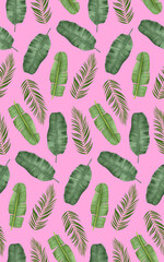 Seamless Pattern with hand-drawn palm leaves, digitally colored