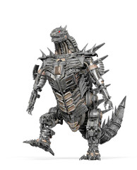 cyberpunk dinosaur bot is walking down