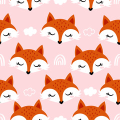 Cute fox pattern design with Fox heads and clouds on rose background - funny hand drawn doodle, seamless pattern. Background or t-shirt textile graphic design. Wallpaper, wrapping paper, bedsheets.
