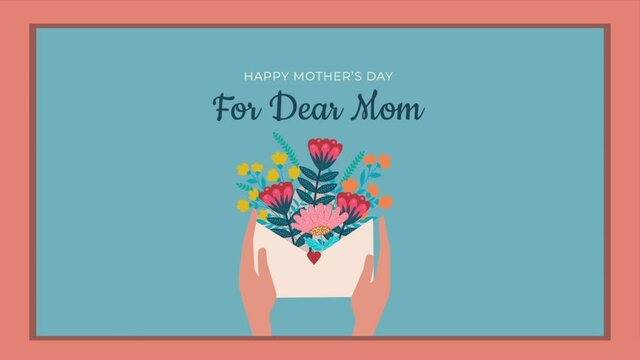 Happy Mother Day concept. Popup hands hold letter with field flowers. For dear mothers. Moving composition with plants and inscriptions. Animated cartoon in high resolution with blue background