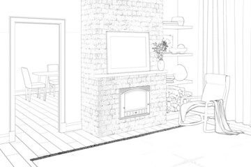 Fototapeta premium Sketch of the room with a horizontal poster and flowers in a vase on the mantelpiece, a chair near the fireplace, a niche with decor near the window, a doorway overlooking the dining room. 3d render