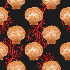 Seamless pattern with seashells and corals. Sea life background. Hand-drawn illustration, colored
