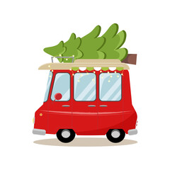 Christmas red van with tree, garland and decorations. Flat cartoon style vector illustration.