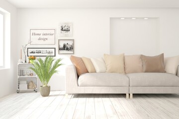 Soft color living room with sofa. Scandinavian interior design. 3D illustration
