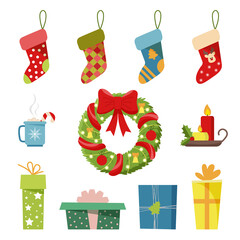 Set of Christmas decor. Socks for gifts, boxes with gifts, packaging, Christmas wreath, candles on a stand with mistletoe, mug with marshmallows. Cute stickers. Flat cartoon style vector illustration.