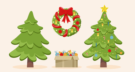 Christmas set of decorative winter items, toys for the Christmas tree, balls, garlands, wreath, Christmas trees isolated on a light background. Flat cartoon style vector illustration.