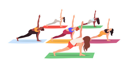 Yoga class. Group of people practicing yoga with the yoga instructor isolated on the white background. Vector illustration